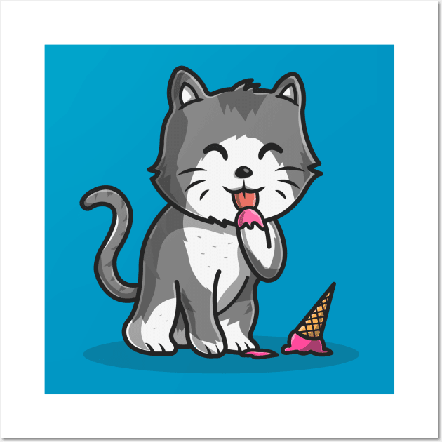 Cute Cat Eating Ice Cream Cone Cartoon Vector Icon Illustration Wall Art by Catalyst Labs